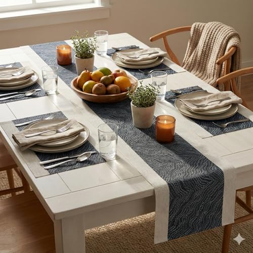 Image of YELONA Placemats and Table Runner Set - Heat Resistant, Non-Slip & Washable PVC Vinyl Dining Table Mats - Anchor Grey (4 Placemats: 45x30 cm, 1 Runner: 180x30 cm)