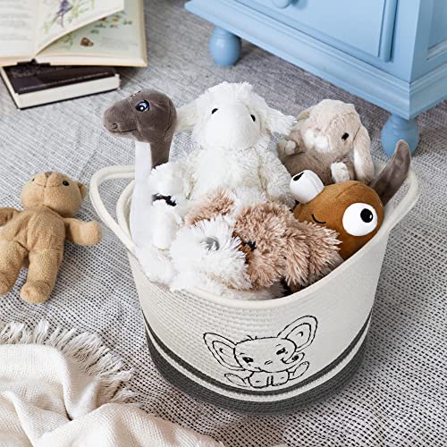 Rope Basket With Baby Elephant, Toy Storage, Nursery Storage, Blanket Storage, 14”X11”X12, White, Grey #TOP3