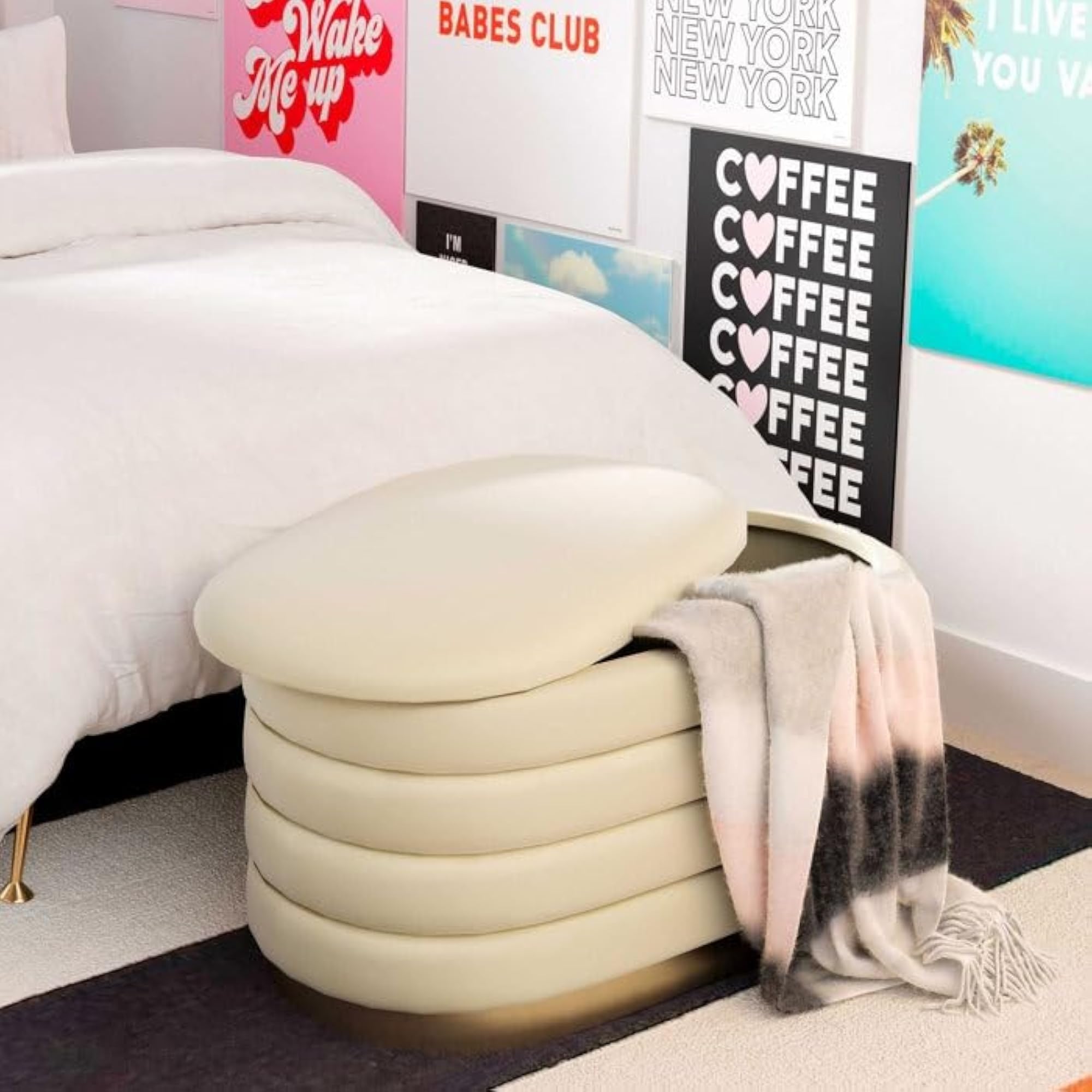 Modern Oval Storage Ottoman with Golden Strip, Cream Velvet