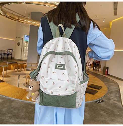 JHTPSLR Preppy Backpack Patchwork Cottagecore Aesthetic Backpack Flower Grass Printed Backpack Back to School Supplies (Green)3