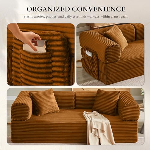 Image of Boneless Couch Futon Sofa Bed Sectional Couches for Living Room,Cloud Couch with Sleeper Sofa,Sofas for Living Room Oversized Corduroy Upholstered (Orange, 81 Inches (with Iron Frame))
