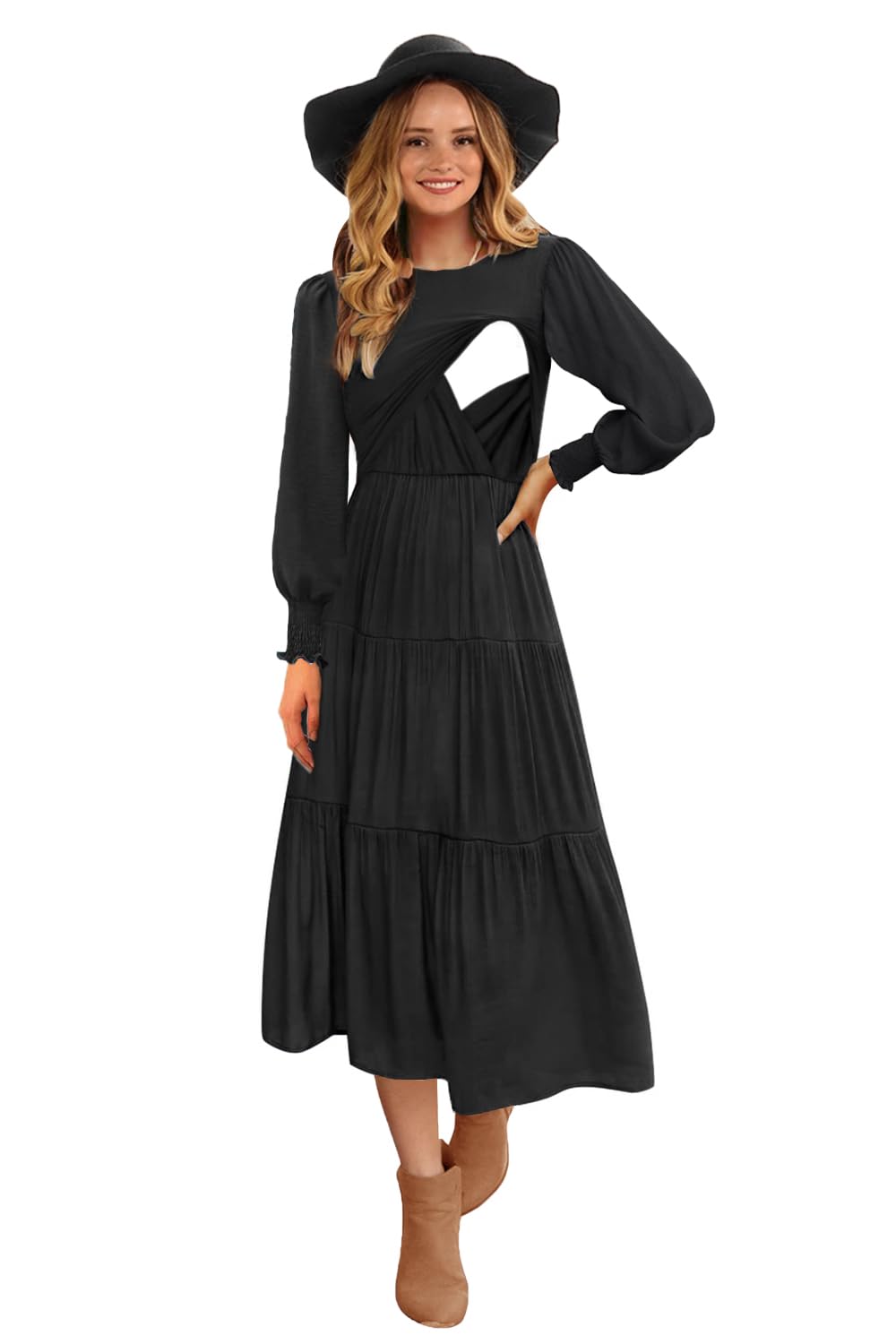 CzzzyL Womens Flutter Long Sleeve Smocked Tiered Nursing Dress