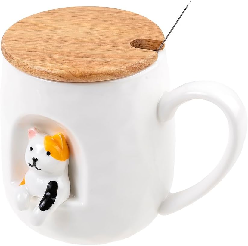 Mug Cat - 3D Relief - Happy Cat - Porcelain, Wood, Metal - 380 ML - with Lid and Spoon - Coffee, Tea, Chocolate, Cappuccino Cup - Original Gift Idea