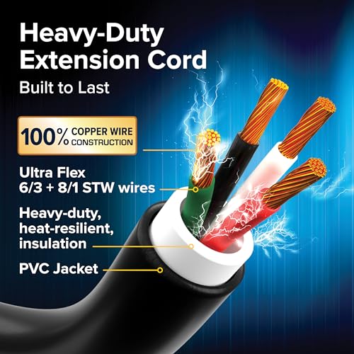 Camco Power Grip 30-Ft 50-Amp Camper/RV Extension Cord - Features Copper 6/3 + 8/1-Gauge Wires for Superior Conductivity - Rated for 125/250 V/12,500 W - Coated w/Heat-Resilient PVC (55195)