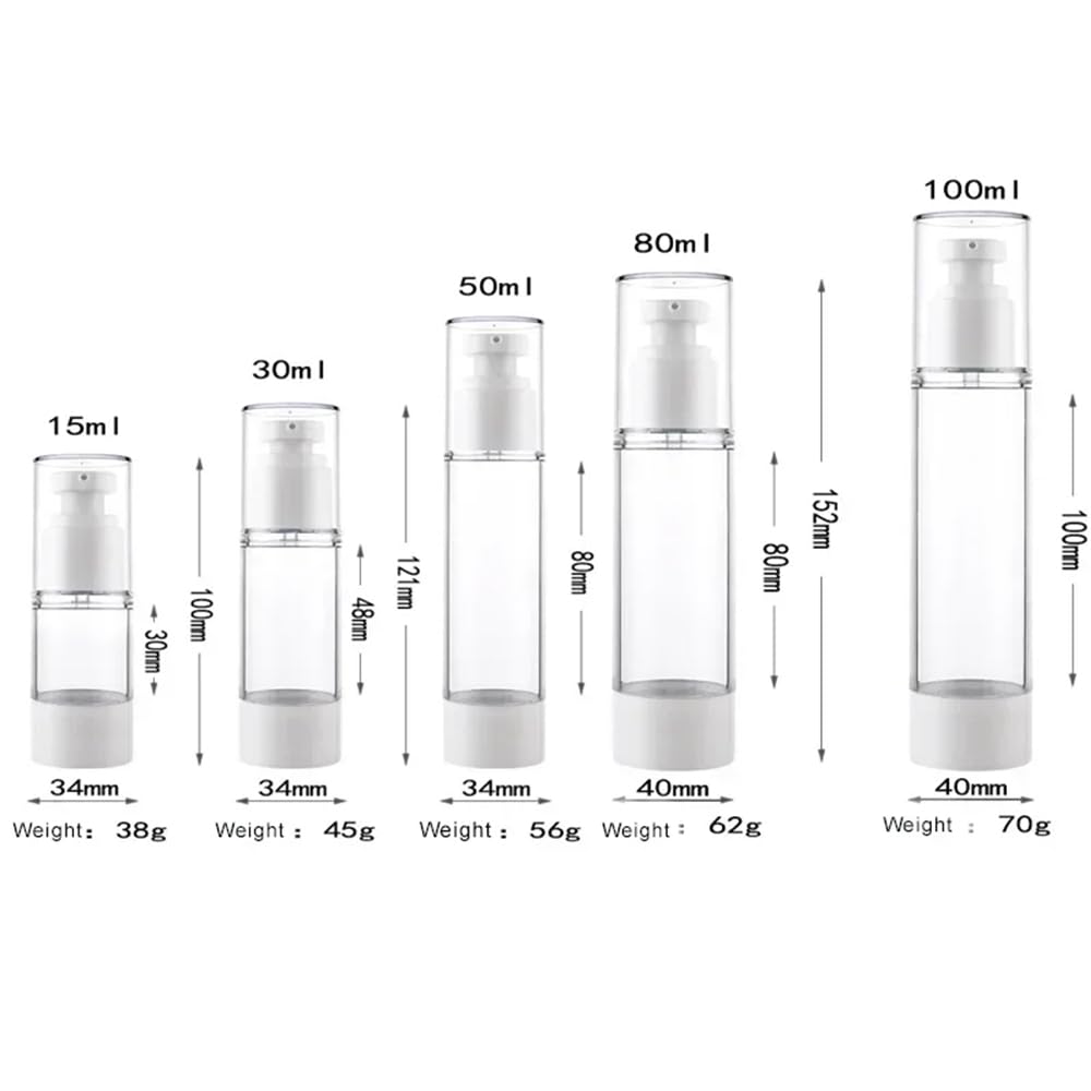 50 szt., 5 ml, 10 ml, 15 ml, butelka z pompką bezpowietrzną, mini, puste, przezroczyste butelki z pompką próżniową, do wielokrotnego napełniania, przezroczyste pojemniki na balsam z podkładem do