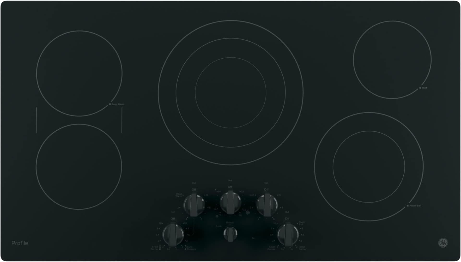 GE PP7036DJBB 36 Inch Smoothtop Electric Cooktop with 5 Radiant Elements, Sync, Versatile Burners, Keep Warm Setting, Control Lock Capability, Red LED Backlit Knobs, ADA Compliant Fits Guarantee