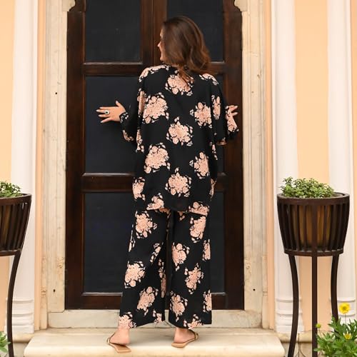 Image of Sidhidata Women's Rayon Blend Floral Printed Shirt Pant Set Co-Ords Set|Coordinate Set|Summer Suit|Printed Shirt with Pant Set (CS Rose)