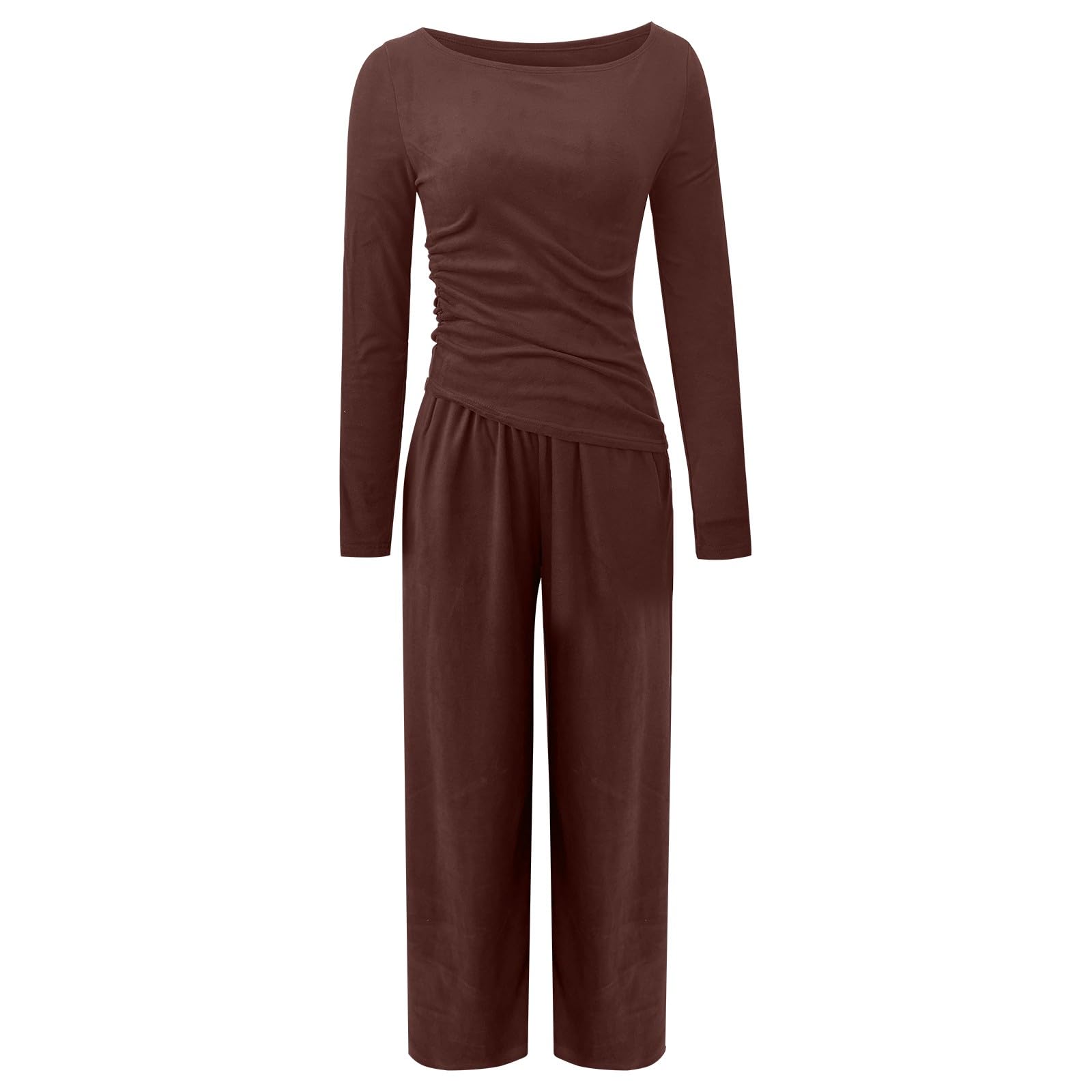 Loungewear Damen Homewear Langarm Schlafanzug Elegant Zweiteiler Rundhalsausschnitt Tops und Weites Bein Hosen Trainingsanzug Einfarbig Nachtwäsche Lässige Tracksuit Sportanzug