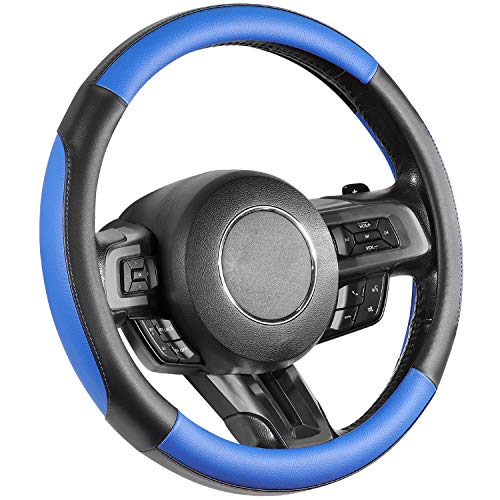 SEG Direct Car Steering Wheel Cover for All Standard-Size Steering Wheels with 14 1/2 inches - 15 inches Outer Diameter, Blue Microfiber Leather