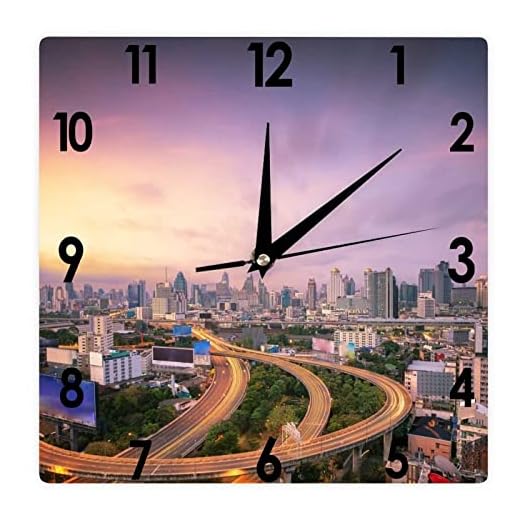 Higoss Fyrkantig väggklocka Bangkok stad nattvy tyst icke-tickande klocka 30 cm, batteridriven exakt landskap/stadsbild bondgård/hem/kontorsdekor