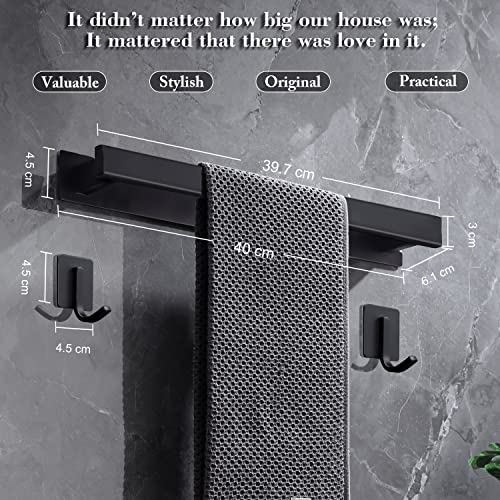 Towel Rail Wall Mounted with 2 Towel Hooks, Stainless Steel Black Towel Rail, Self Adhesive Towel Rail No Drilling, Matt Black Bathroom Accessories, 40cm Towel Holders for Bathrooms/Kitchen. (Black) - Image 3