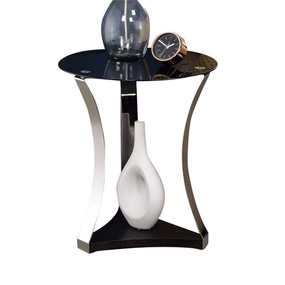 Acme Geiger Round Glass Top End Table in Black and Rose Gold