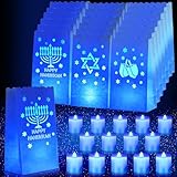 Glooglitter 36 Set Hanukkah Decorations Blue Luminary Bags with Flameless Candles Chanukah Luminary Bags with Battery Tea Lights Happy Hanukkah LED Moisture-Proof Lanterns Jewish Holiday Decor Gifts