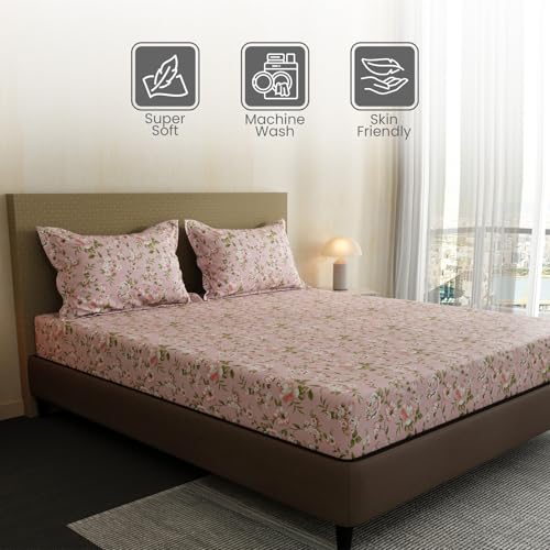 Image of Layers 100% Cotton Bedsheet for Double Size Bed | Lumina Floret Collection | 144 TC Soft & Breathable | Floral Print with 2 Pillow Covers | Wrinkle Free & Colorfast | 3 Piece Bedding Set - Pink