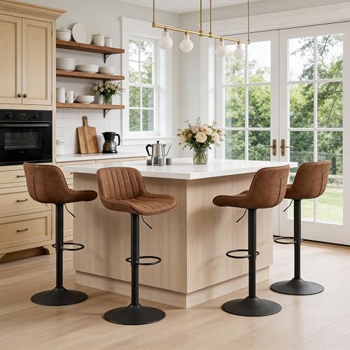Fat Ant Set de 4 Butacos de Bar, Asiento Ajustable de Cuero PU, Giratorio, Altura para Barra, Sillas Modernas sin Brazos para Isla de Cocina, Amarillo Marrón miniatura 5