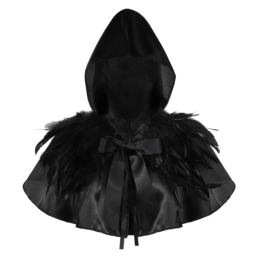 Gothic Medieval Cape Cloak Unisex Medieval Cowl Hat Hood Feather Cape Gothic Lacing Shawl Shrug Collar Mens Women Halloween Crow Maleficent Costume Cowl Vintage Friar Costume Death Devil Vampire Cloak