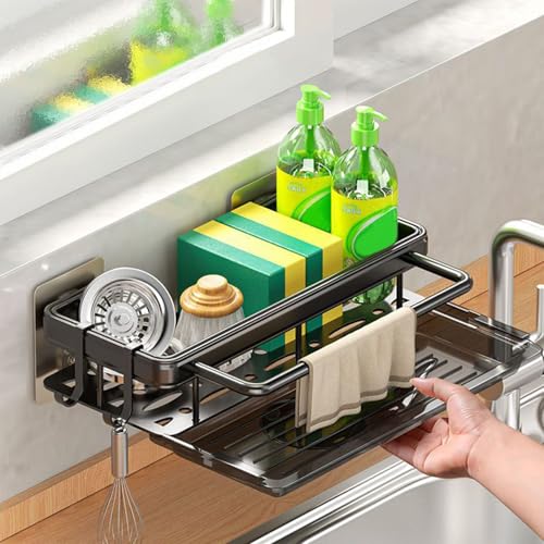 Lxoraziy Organizador Fregadero Cocina, Organizador Cocina Fregadero con Bandeja de Escurrido, Organizador Fregadero con Toallero y Gancho Sin Necesidad de Taladrar, Negro