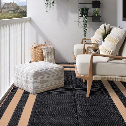Image of Outdoor Rug Carpet Waterproof Reversible Mats 9x12 ft Patio Rug RV Camping Rug, Plastic Straw Rug Area Rug for Balcony Picnic Beach(Black and Brown)
