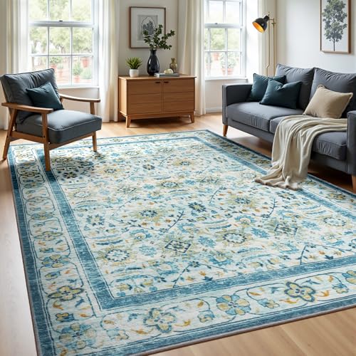 Zentavio Area Rugs 6x9 Washable Non-Slip Kid & Pet Friendly Living Room Carpets Vintage Floral Foldable Thin Low Pile Rug for Bedroom Kitchen Dining Room Blue