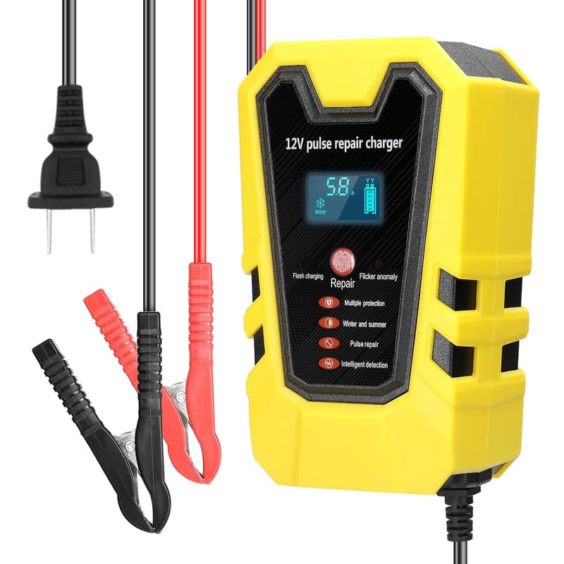 PROODOS Car Battery Charger for Car Accessories | Fully Automatic 6A 12V Bike Battery Charger and Maintainer Suitable for AGM, Gel, SLA, Lead Acid Battery (Yellow)