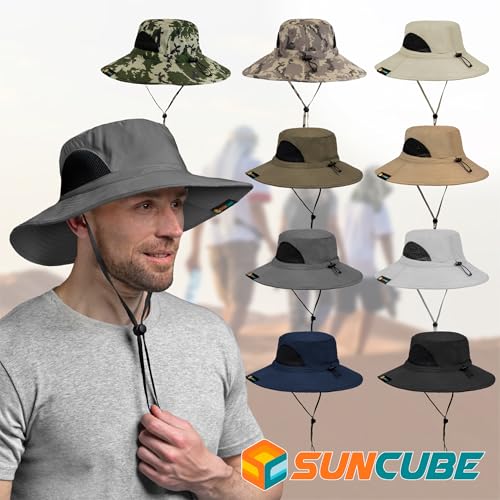 Image of SUN CUBE Wide Brim Sun Hat Men Women, Fishing Hats Sun UV Protection, Mens Hiking Bucket Hat Safari Beach Boonie, UPF 50+