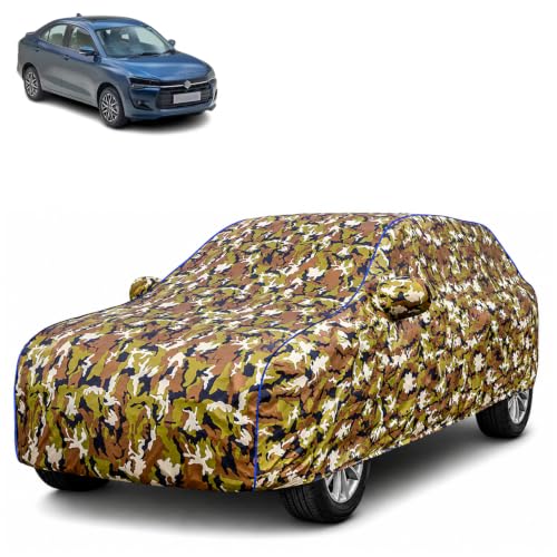 Image of Waterproof Car Body Cover for Maruti Suzuki Swift Dzire with Mirror Pocket| Cotton Inner Lining | Triple Stitched | All Weather Protection | Dust, UV & Rain Proof (Camouflage with Blue Piping)