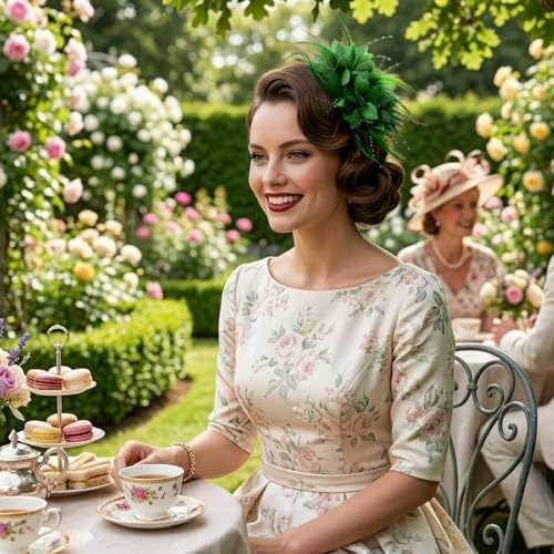 Image of DRESHOW Womens Fascinators Hats Tea Party Hats for Women Pearl Lace Feather Hat Vintage Derby Hats for Wedding Cocktail