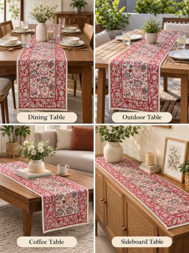 Image of Ravaiyaa - Attitude is Everything Hand Block Printed Cotton Table Runner | Floral Printed Table Runner for Home Decor, Kitchen | 60 x 16 Inch-(Grey Red Floral)