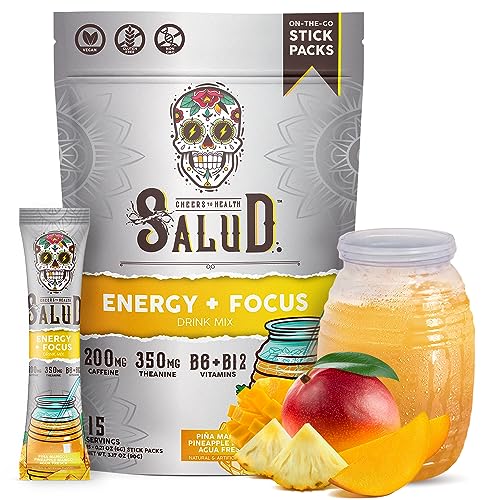 Image of Salud 2-in-1 Energy Drink Powder + Focus, Pineapple Mango, Organic Caffeine, B6 + B12, Theanine, Clean Energy Drink Packets, Agua Fresca Mix, Non-GMO, Gluten Free, Vegan, 1g of Sugar, (15 Servings)