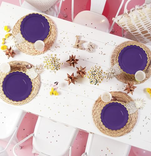 Image of HEIPINIUYE 50 Pieces Purple Paper Plates with Gold Foil 7 Inch Disposable Purple Scalloped Dinner Plates for Wedding Baby Shower Birthday Party Dessert Plate
