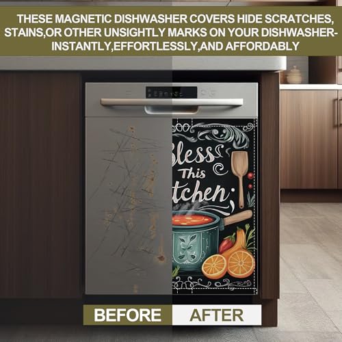 Image of Magnetic Dishwasher Cover,Bless This Kithcen Reusable Dishwasher Magnetic Cover Decorative Door Covers Panel for Home Kitcen 23 inch x 26 inch
