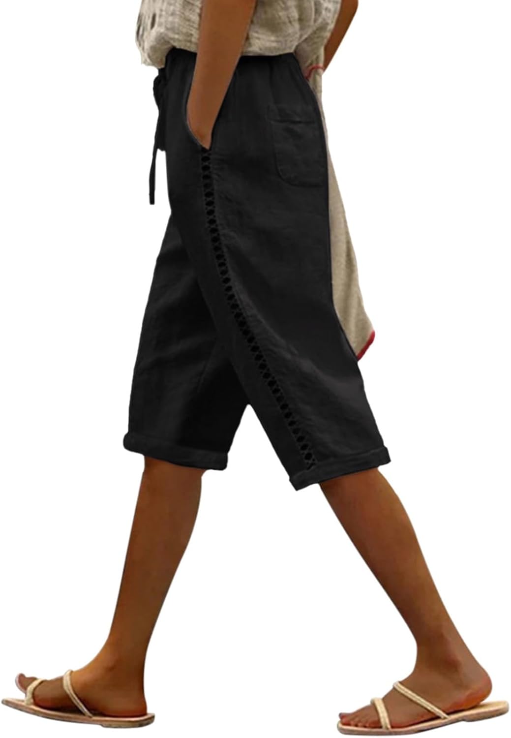 Puimentiua Women Linen Shorts Casual Knee Length Bermuda Shorts with Hollow Side Summer Beach Lightweight Capri Pants