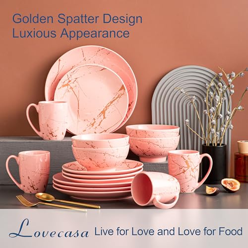 LOVECASA Pink Dinnerware Set for 4, 16 Piece Porcelain Dish With Plates, Bowls and Mugs, Gold Splash Glaze Round Modern Ceramic Dinner Set, Dishwasher Microwave Safe by LOVECASA - Image 3