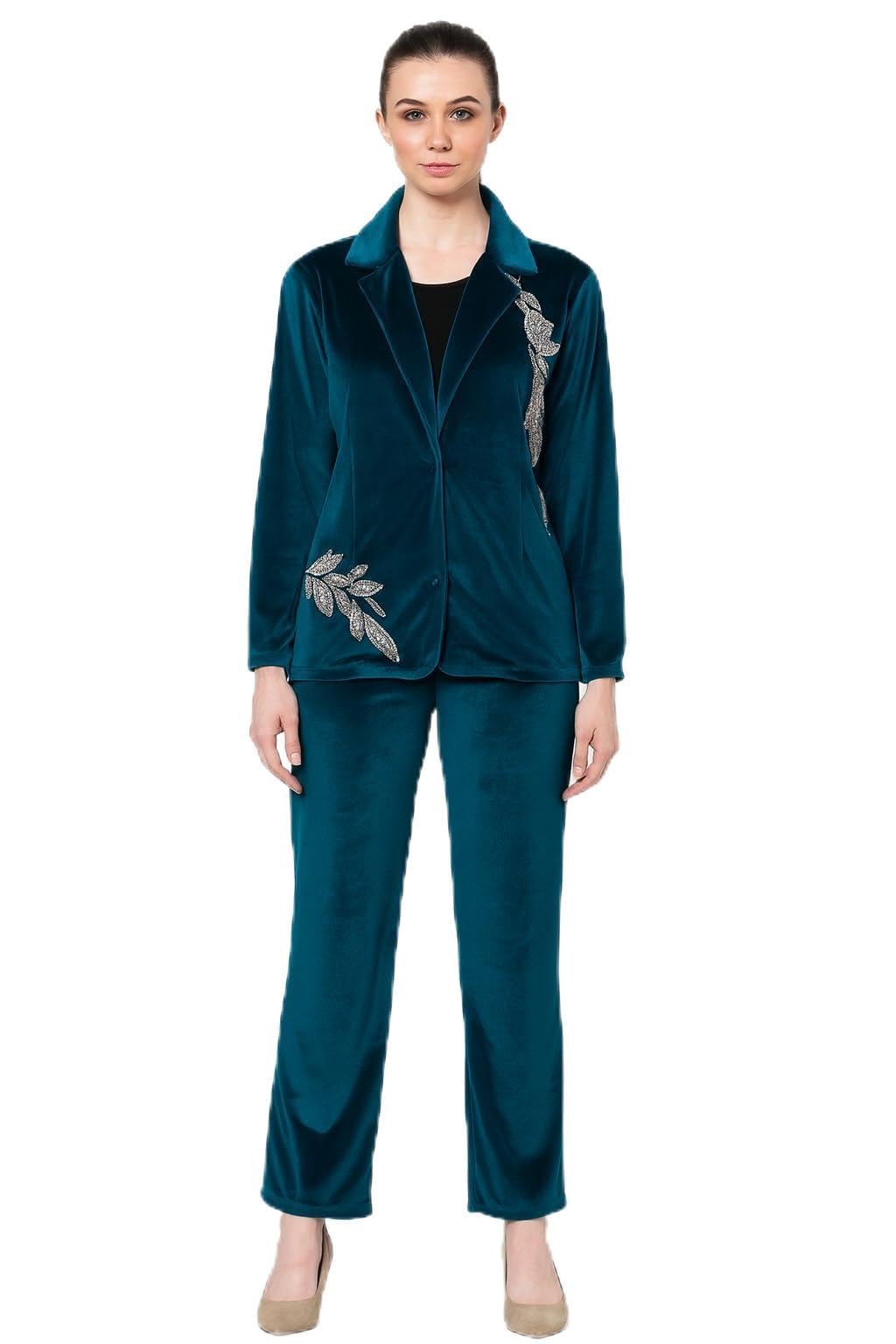 Women's Velvet Full Sleeve Co-ord Set, Teal Blue, Embellished Leaf Design, suitable for winter wear-image-31