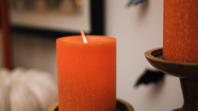 Image of Luminara Sea Glass Flameless Candle, Harvest Pumpkin 3 inch x 4.5 inch, Moving LED Flame Pillar with Timer, Battery Operated, Real Wax, Unscented Home Decor