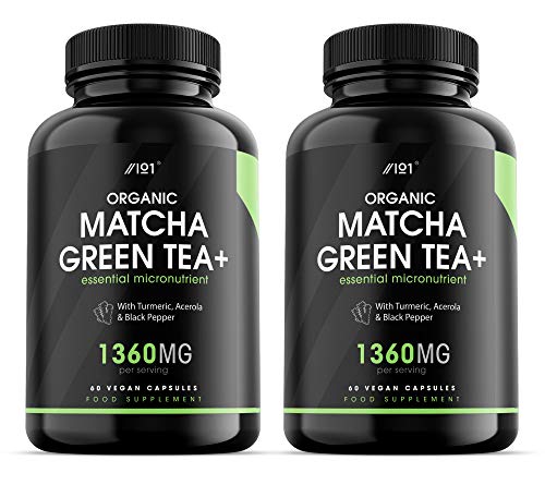 Organic Matcha Green Tea Extract Capsules - 1360mg - Boosted with Turmeric, Acerola & Black Pepper, 60 Vegan Capsules - Made in UK. (2 Pack)