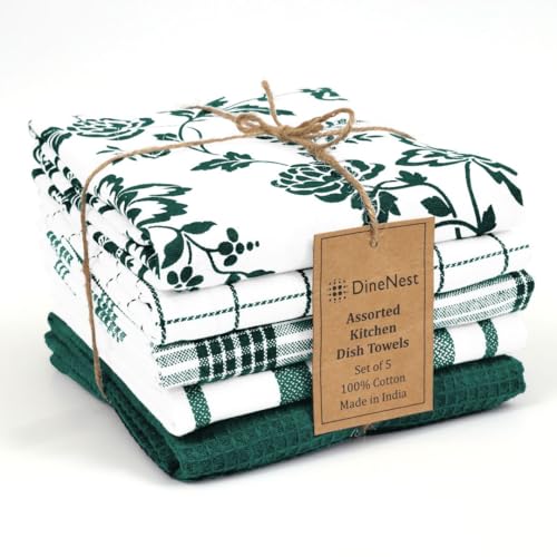 DineNest Assorted Kitchen Dish Towels 100% Cotton 16x26 Inch Set of 5 - Super Absorbent Soft Durable Washable Dish & Cleaning Low-Lint Towel for Kitchen & Home - Quick Drying Dish Towel Green