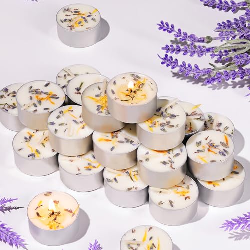 48 Pcs Lavender Scented Tealight Candles, 6H Long Burning - 100% Palm Wax Based Scented Tea Lights with Dried Flowers, Non-Toxic/Smokeless Scented Tea Lights Candles Bulk for Spa, Bath, Wedding