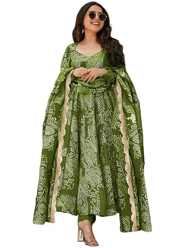Image of Pinkmint Women's Bandhani Print Flared Anarkali Muslin Regular Fit Kurta Set with Pant & Stylish Dupatta Ethnic Long Sleeve Dress Suit Set