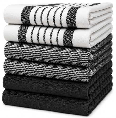 Premium Kitchen Towels (20”x 28”, 6 Pack) | Large Cotton Dish Towels | Flat & Terry Highly Absorbent Kitchen Linen Set with Hanging Loop | Black Striped