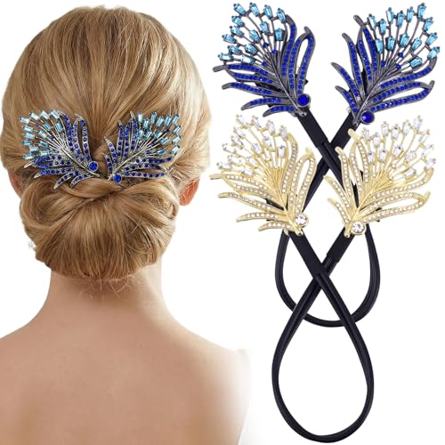 PAGOW 2pcs Crystal Hair Bun Maker, Feather Rhinestone Bun Maker for Hair
