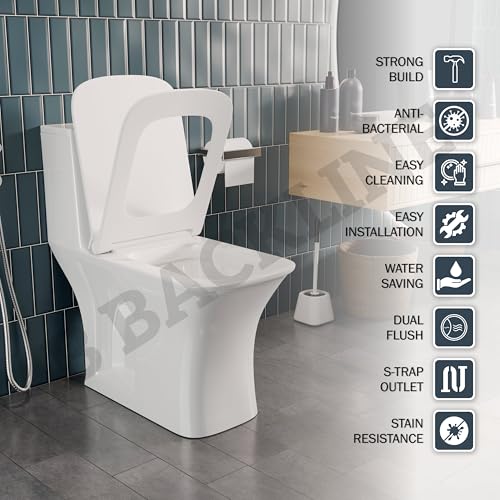 Image of One Piece Ceramic Floor Mounted Commode Water Closet Western Toilet /European Commode With Soft Close Seat Cover 29 X 14 X 26 Inches (White 10 (S Trap Outlet Is From Floor))