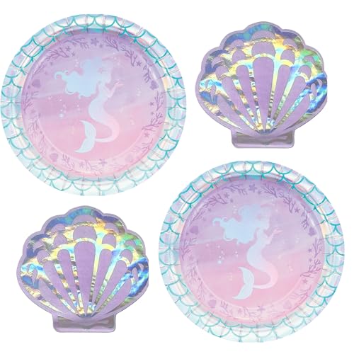 HOME & HOOPLA Mermaid Party Supplies - Lavender and Teal Iridescent Round Paper Dessert Plates and Clamshell Shaped Beverage Napkins (16 Plates & Napkins)