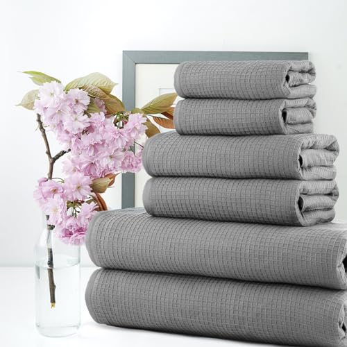 Image of Casa Copenhagen, Egyptian Cotton - Waffle Terry Towel 6 Piece Set, Includes 2 Bath Towels 2 Hand Towels 2 Washcloths - Grey Violet