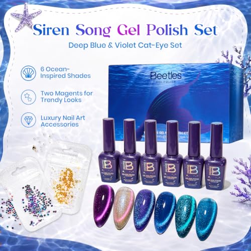 Image of Beetles Siren Song Cat Eye Gel Nail Polish Set, 6 Colors 9ml Fall Gel | Blue Purple Magnetic Gel Polish Kit with Cat Eye&Water Ripple Magnets Stick Nail Charms Soak Off UV Nail Art Gift for Women