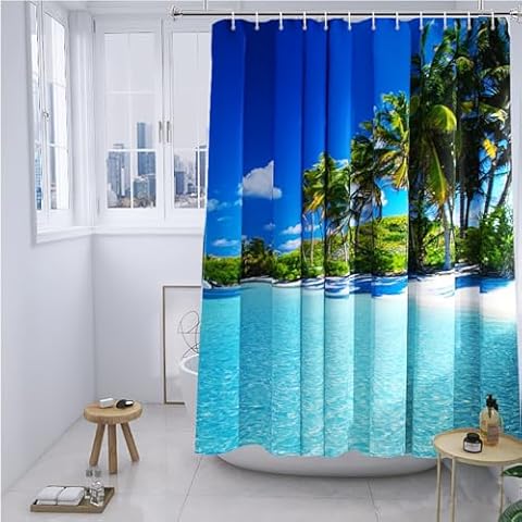 YISURE Rideau de douche, motifs de mer, plage, océan et palmiers Cover