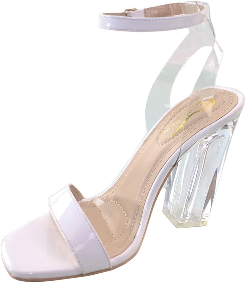 Elegant Footwear Tianay-1 Women's Open Square Toe Ankle Strappy Lucite Clear Block Heel