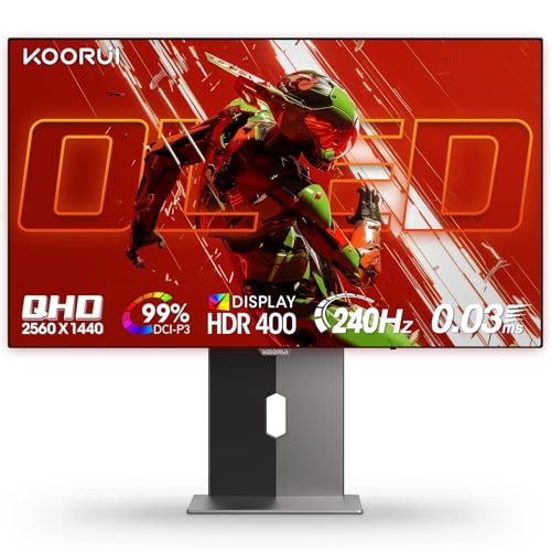 KOORUI 27 inch OLED Gaming Monitor, 240Hz Monitor, 0.03ms, QHD 1440p AdaptiveSync, 99% DCI-P3, HDR True Black 400, Height/Pivot/Tilt/Swivel Adjustability, HDMI & DisplayPort VESA, Black, S2721XO