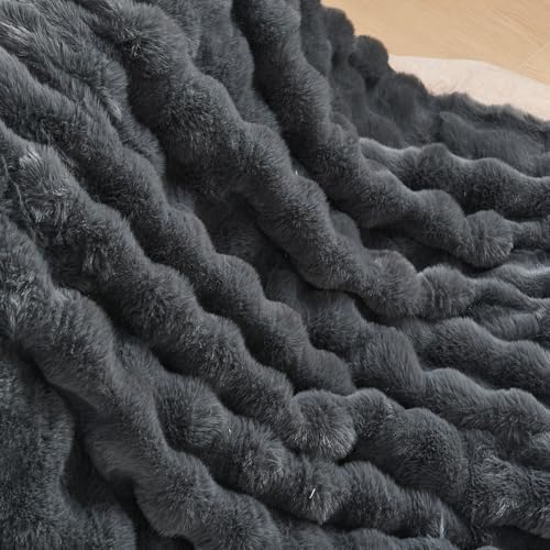 Lotus Karen Faux Fur Throw Blanket Dark Gray - Big Bubble Rabbit Fluff Blanket for Couch, Small Fluffy Fuzzy Cozy Blanket, Thick Furry Plush Shaggy Blankets, 50x60 Inches