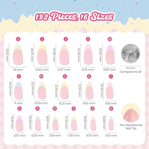 Image of Beetles French Tips Press On Nails, Pastel Spring Nails Medium Almond 6 Colors 192 Pcs, Spring Fake Nail Tips, Pink Blue Green Soft Gel Nails False Nails Art DIY For Women